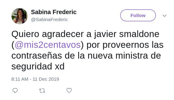 Tweet de la cuenta de Sabina Frederic