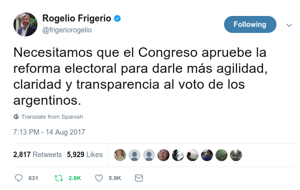Tweet de Rogelio Frigerio