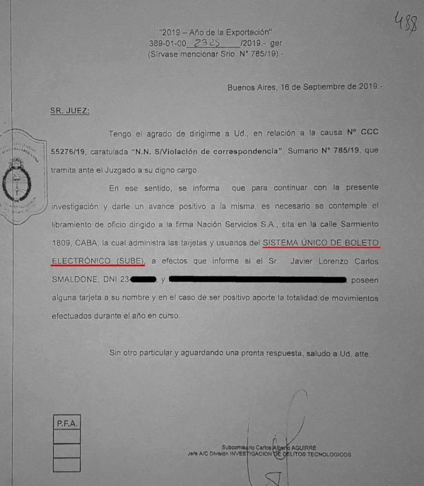 Oficio a Nación Servicios - SUBE