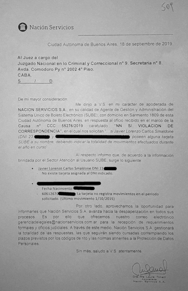 Respuesta de Nación Servicios - SUBE