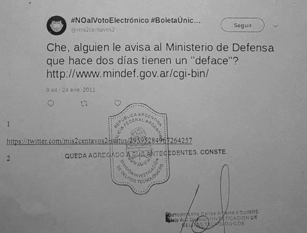 Tweet deface al Ministerio de Seguridad